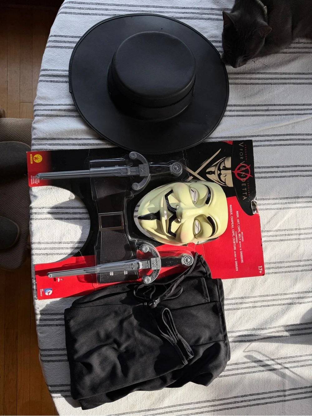 V for Vendetta Costume Set – Black & Pale Yellow Mask with Hat and Dagger Props
